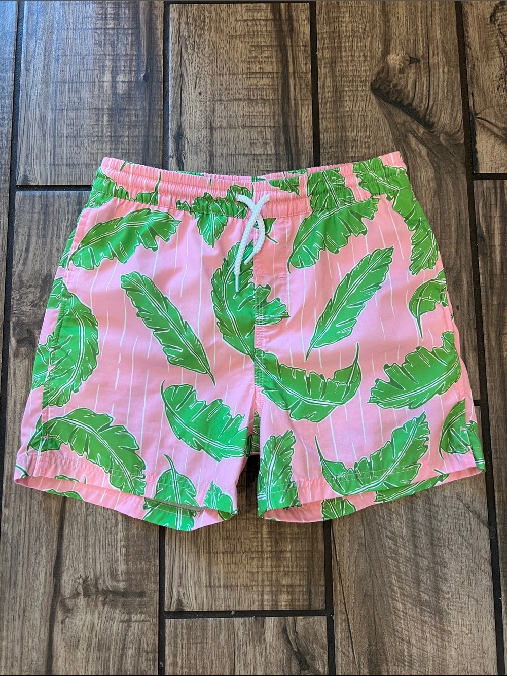 The Beaufort Bonnet Company Pink Swim Trunks with Green Leaf Print